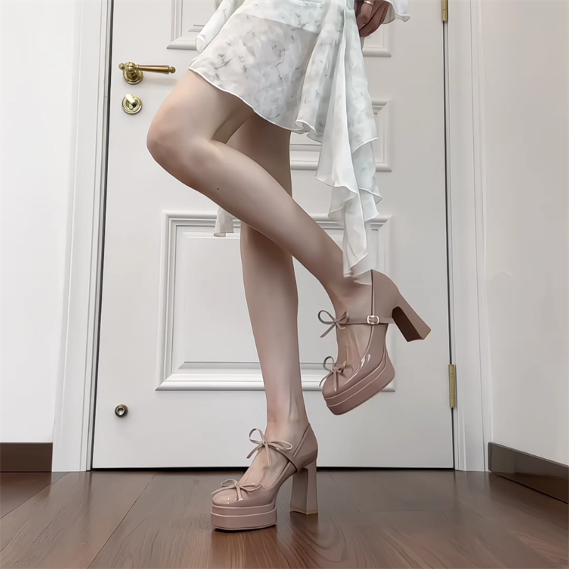 厚底防水台玛丽珍高跟鞋女配裙子漆皮裸色时尚高级气质伴娘鞋粗跟