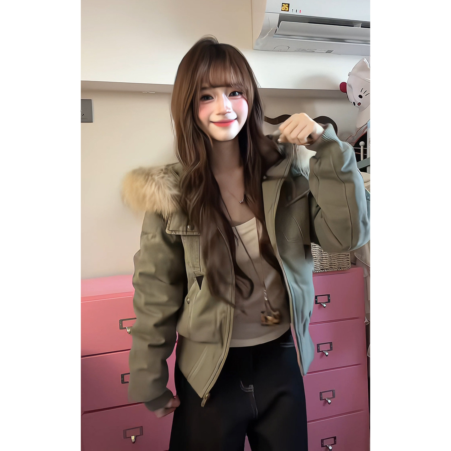 已出货！军绿色大毛领短款派克服女工装风棉服外套复古做旧冬季