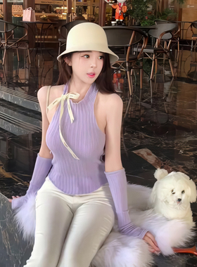 现货！纯欲极简风挂脖蝴蝶结毛针织衫女修身显瘦紫色套头袖套上衣