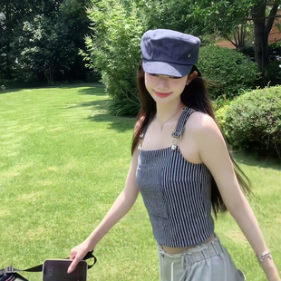 韩系学院风条纹可调节背带绳吊带上衣女高腰百搭阔腿长裤两件套装