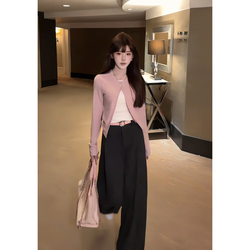 长袖假两件针织衫+黑色阔腿裤女