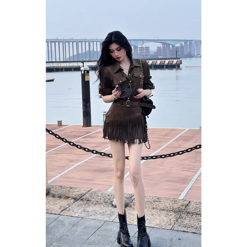 西部复古衬衫收腰系带流苏短半裙