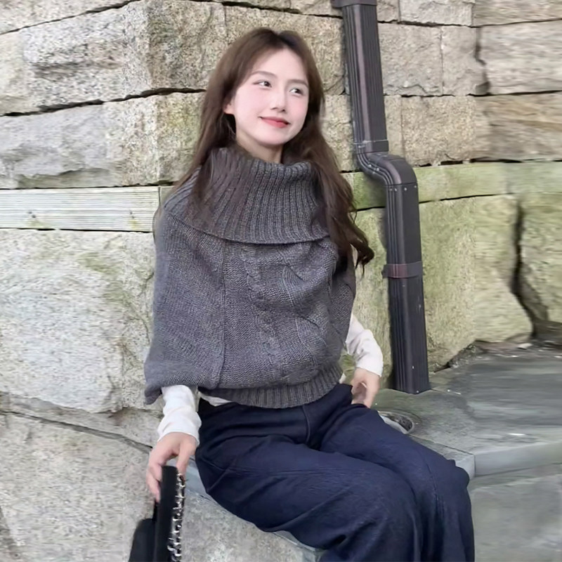 秋冬韩系慵懒风高领灰色麻花毛衣女大翻领套头针织衫上衣百搭宽松