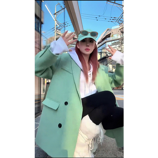 薄荷绿西服领毛呢外套女爆款秋冬小清新养眼小个子中长款呢子大衣