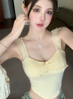 150cm小个子性感蕾丝小款花边吊带背心内搭修身自带胸垫上衣xxs码