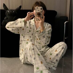 150小个子睡衣女春秋长袖卡通格子小熊猫可爱家居服两件套装xs码