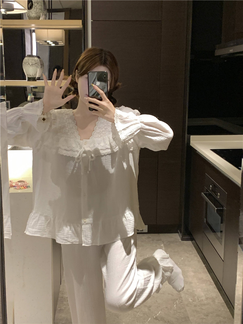 150cm矮个子复古宫廷风甜美蕾丝纯棉家居服睡衣套装145加小码xxs