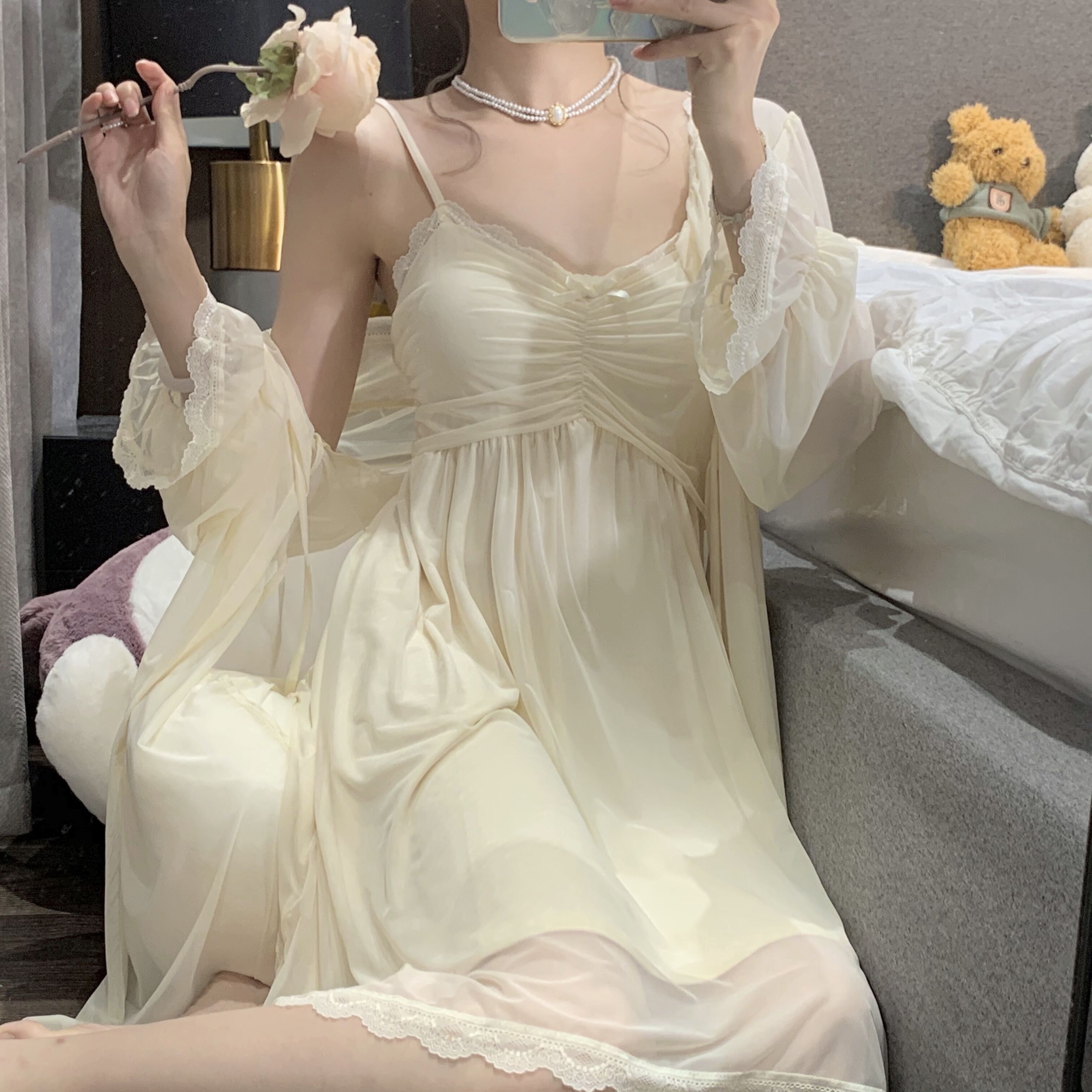 纯欲风150cm矮个子蕾丝网纱睡裙带胸垫中长款睡袍吊带睡裙小码xxs