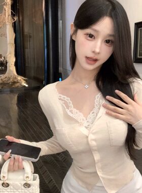 150cm小个子假两件后妈成熟紧身开衫温柔蕾丝针织开衫上衣小码xxs
