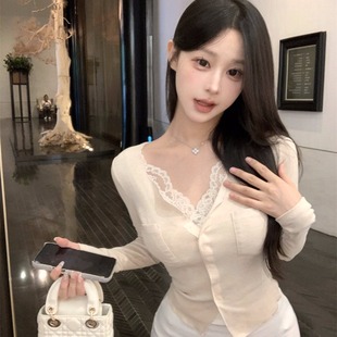 150cm小个子假两件后妈成熟紧身开衫温柔蕾丝针织开衫上衣小码xxs