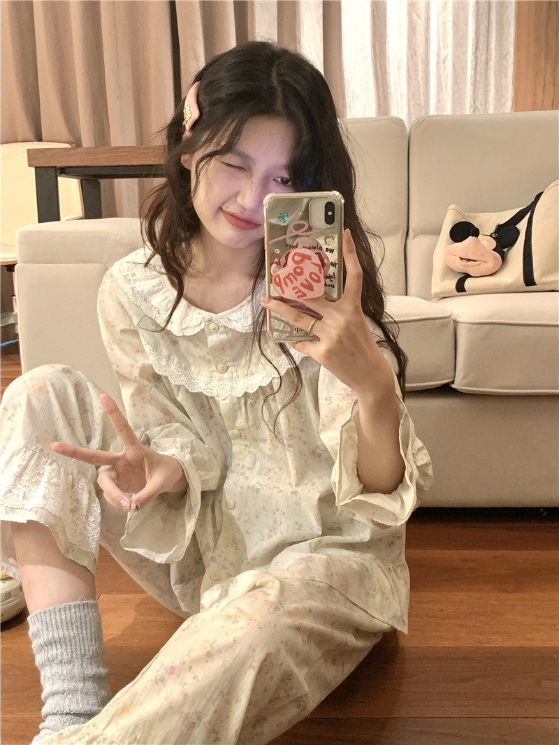 150cm矮小个子女甜美蕾丝边碎花长袖家居服睡衣套装145加小码xxs