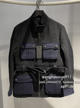 法国潮牌GATEONE冬季男士轻奢工装多兜羊毛立领修身毛呢夹克外套