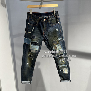 法国黑牌GATEONE秋季纯棉赤耳修身瘦腿小脚做旧补丁破洞牛仔裤男