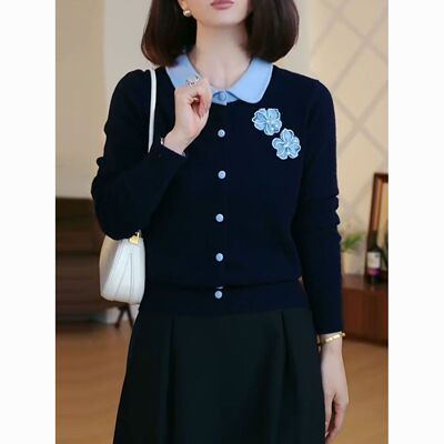 淑女风翻领针织开衫女深蓝色花朵刺绣假两件减龄毛衣上衣