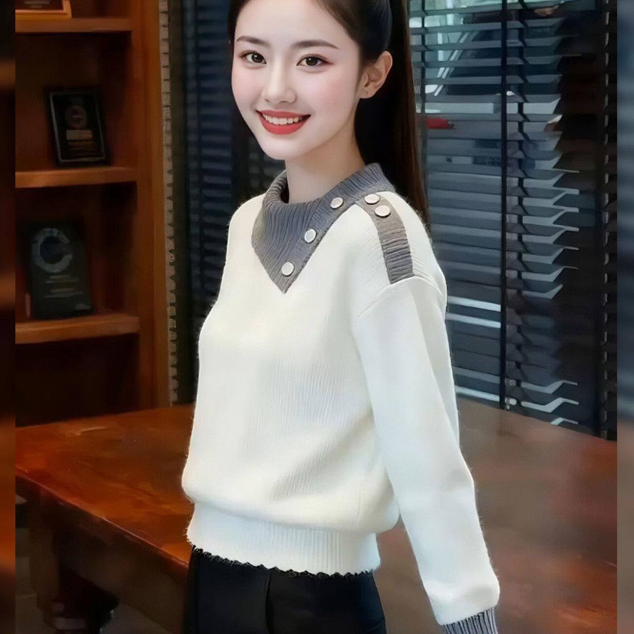 韩系撞色拼接套头毛衣女秋冬收腰显瘦宽松慵懒软糯内搭打底针织衫