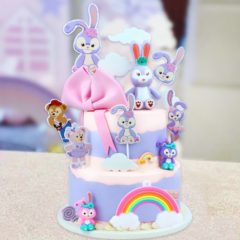 蛋糕装饰摆件 紫色兔子公主生日公仔彩虹插件 甜品台场景装扮插牌