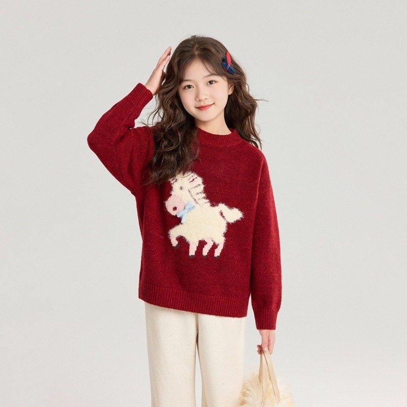 女童红色马年毛衣2026新款新年拜年服洋气小女孩套头针织打底衫潮