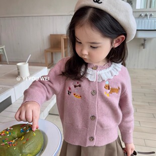 百搭卡通上衣 小女孩外套洋气花边领针织衫 女童刺绣开衫 2026春秋款