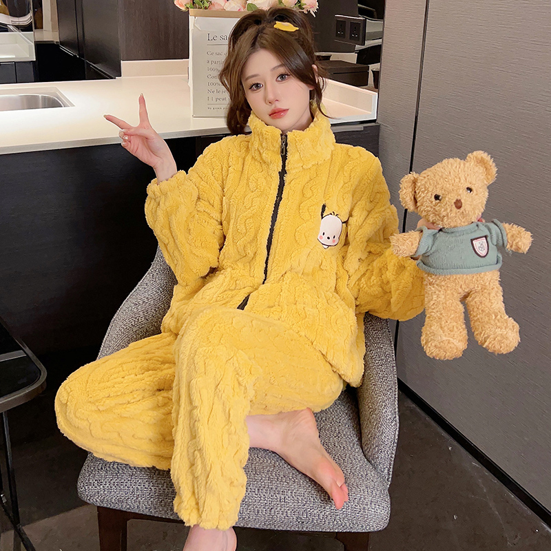 珊瑚绒睡衣女秋冬季长袖拉链法兰绒加厚保暖冬天网红风家居服套装