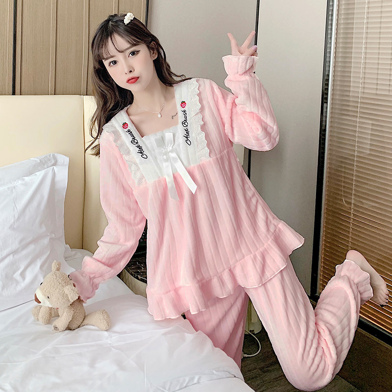 珊瑚绒睡衣女冬女款保暖甜美套装