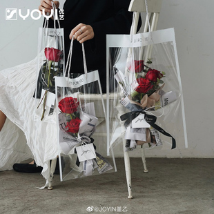 优艺透明方框边手提袋子鲜花包装袋手拎小花束袋子花店花艺材料