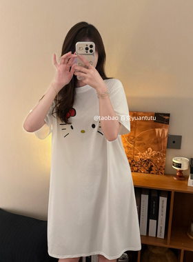 白色卡通猫咪印花睡裙女纯棉夏季薄款短袖圆领可外穿家居服睡衣长