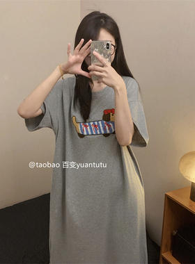 日系ns腊肠狗卡通睡裙女夏季中长款睡衣可外穿纯棉简约学生家居服