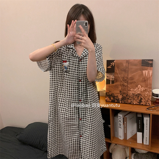 可爱卡通格子家居服可外穿 韩版 ins风kitty睡裙女夏季 棉纱短袖 开衫