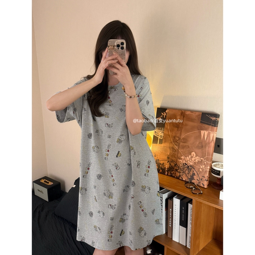 韩系灰色卡通印花纯棉睡裙女KT猫夏季短袖宽松中长款可外穿家居服
