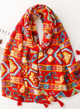 火凤凰-围巾复古名族风红色波西米亚个性旅游防晒披肩棉麻