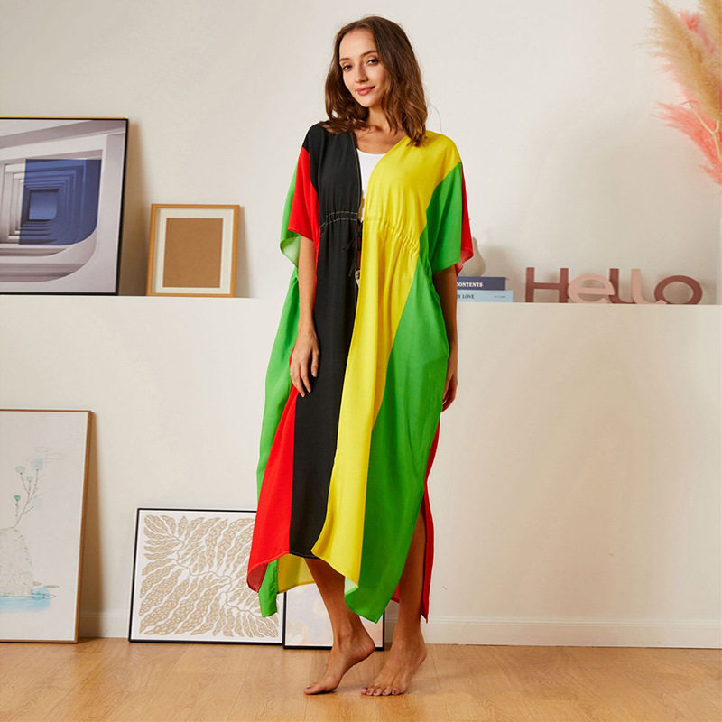 火凤凰-流2022欧美新款人棉四色拼接沙滩罩衫性感开衫度假衫比基