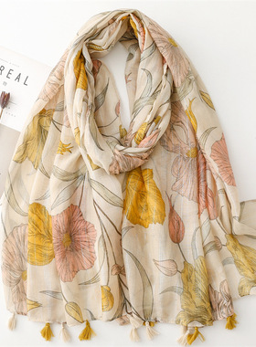 火凤凰-逸淘围巾棉麻手感巴厘纱薄款带银丝丝巾黄色花朵时尚淑女
