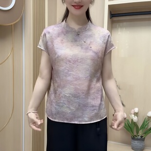 夏季新款中老年女装真丝上衣盘扣短袖旗袍衫妈妈时尚国风薄款小衫