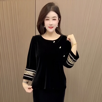 新中式刺绣丝绒长袖显瘦妈妈小衫