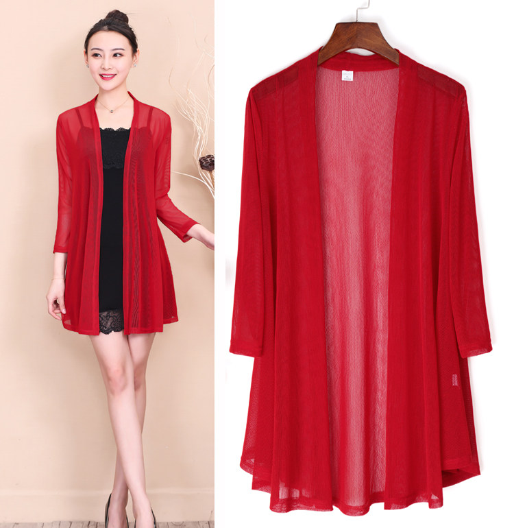 夏季中年女装披肩中长款防晒外搭开衫麻纱纯色薄外套空调衫外披女