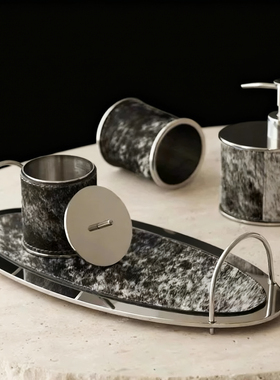 不锈钢马毛皂液器卫生间皮纹牙刷杯卫浴套装乳液瓶托盘组合别墅