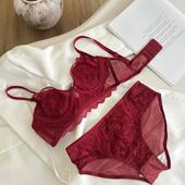 本命年红色文胸罩套装 法式 性感蕾丝内衣女大胸显小聚拢软钢圈薄款