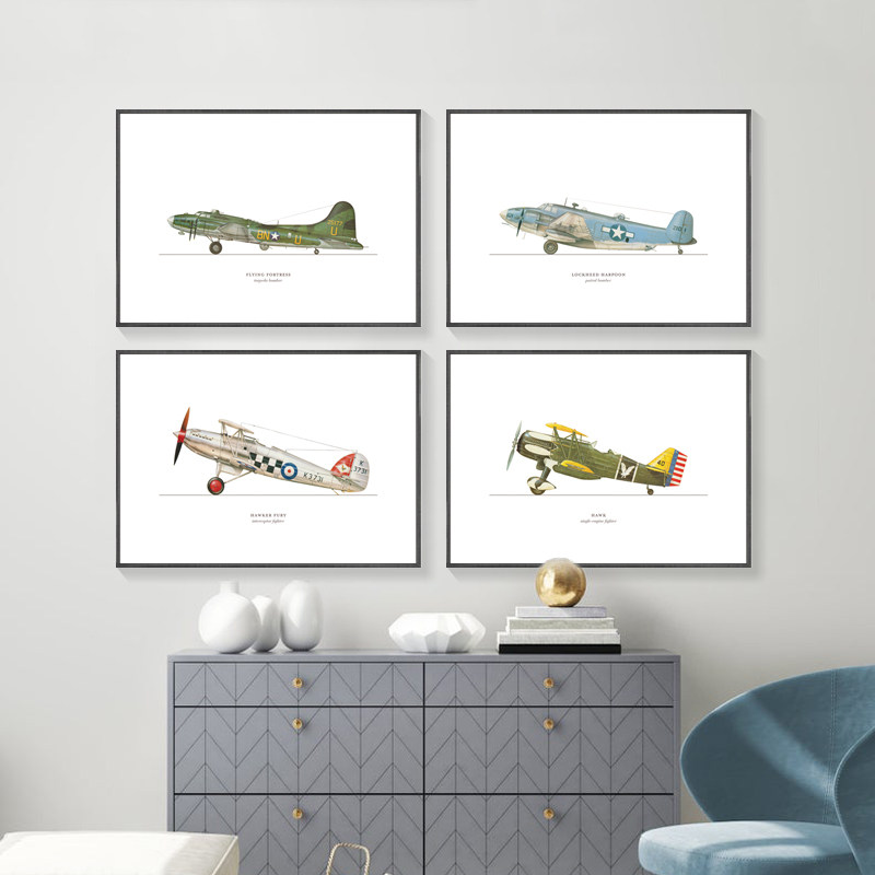 二战飞机装饰画儿童房男孩卧室床头小清新挂画咖啡厅动漫卡通壁画