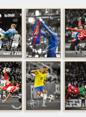 足球签名海报装饰画客厅沙发背景墙画卧室壁画巴萨MSN梅西C罗挂画