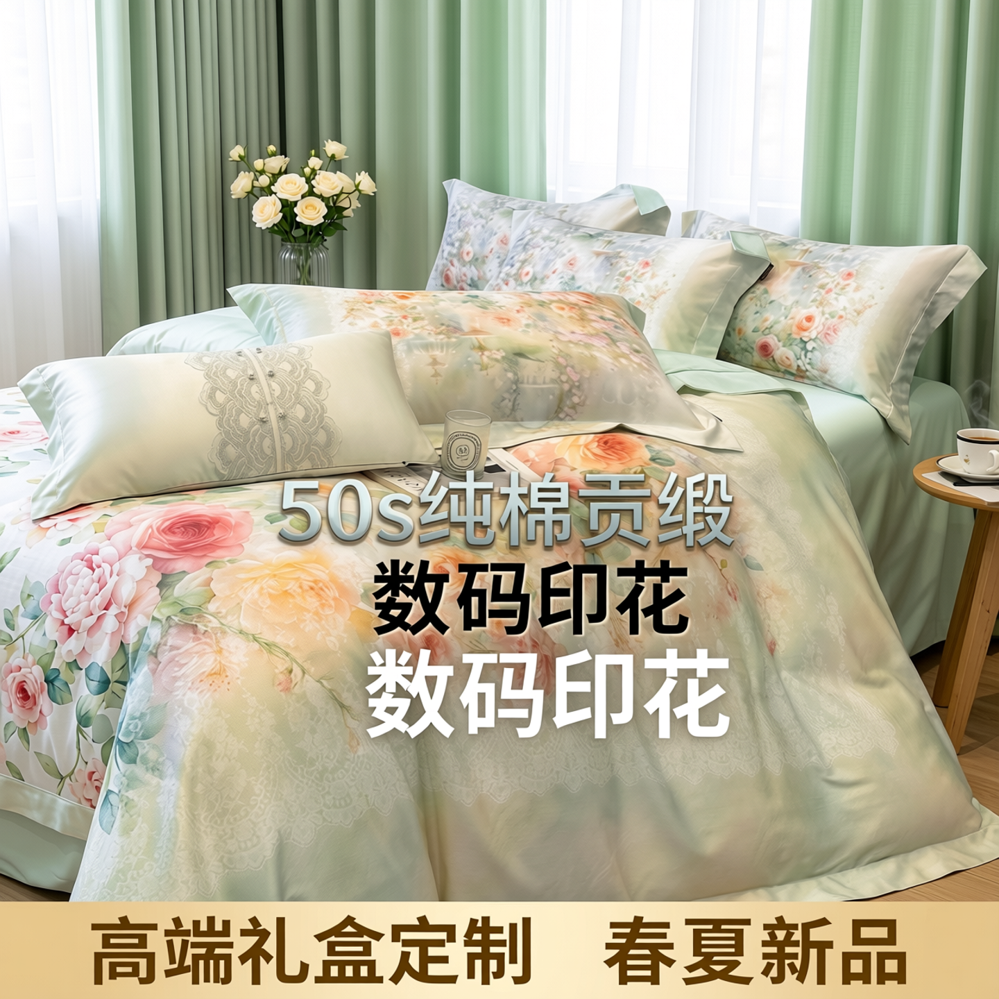 春夏50s全棉贡缎高密度长绒棉数码印花床裸睡南通纯棉四件套被套
