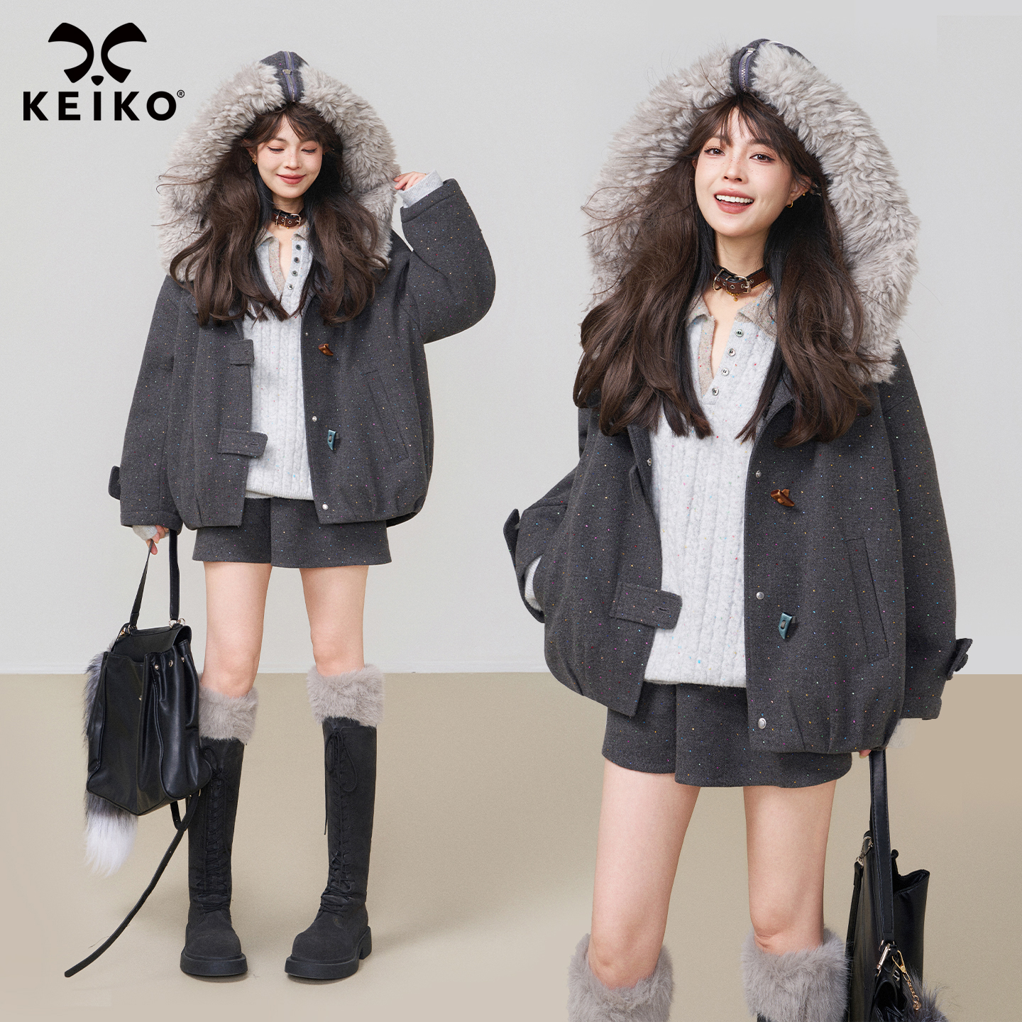 KEIKO高级感灰色短款毛呢外套