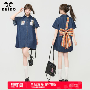 KEIKO 文艺复古薄款Polo领牛仔连衣裙夏季提花蝴蝶结宽松显瘦短裙
