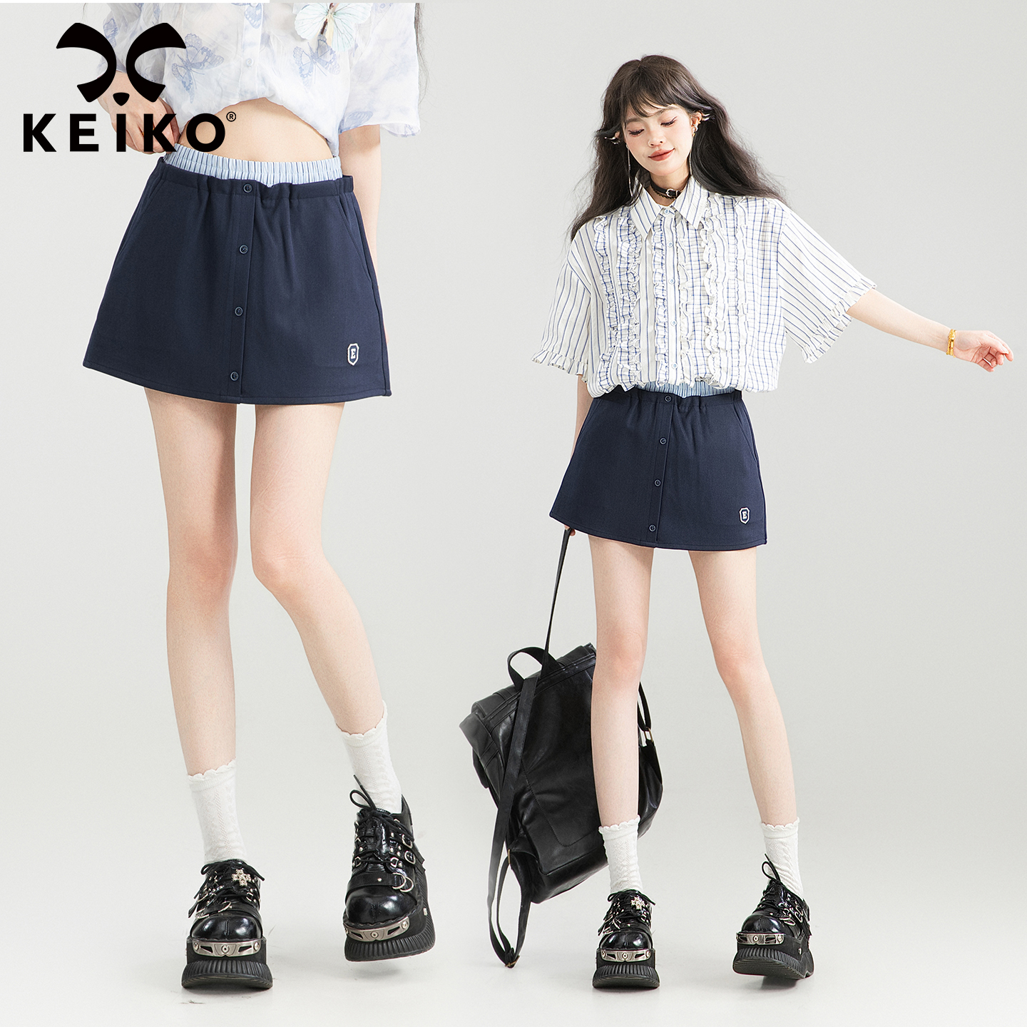 KEIKO撞色拼接松紧腰A字半身裙