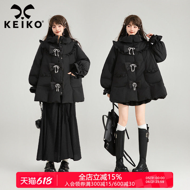 KEIKO [高克重229g白鸭绒]黑色斗篷型羽绒服冬季蝴蝶结饰加厚外套