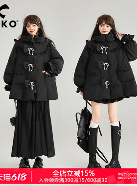 KEIKO [高克重229g白鸭绒]黑色斗篷型羽绒服冬季蝴蝶结饰加厚外套