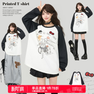 美式 上衣打底衫 复古印花白色长袖 慵懒宽松插肩袖 t恤女春季 KEIKO
