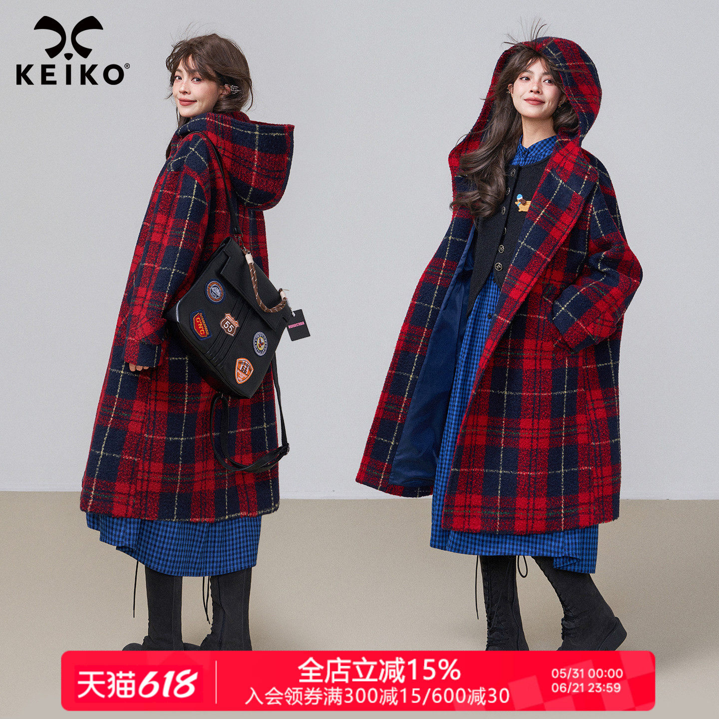 KEIKO 复古红色格子毛呢大衣女25秋冬英伦风斗篷形连帽圈圈呢外套