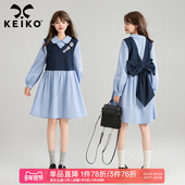 显瘦蓝色条纹衬衫 KEIKO 蝴蝶结girl学院风假两件连衣裙2026春季 裙