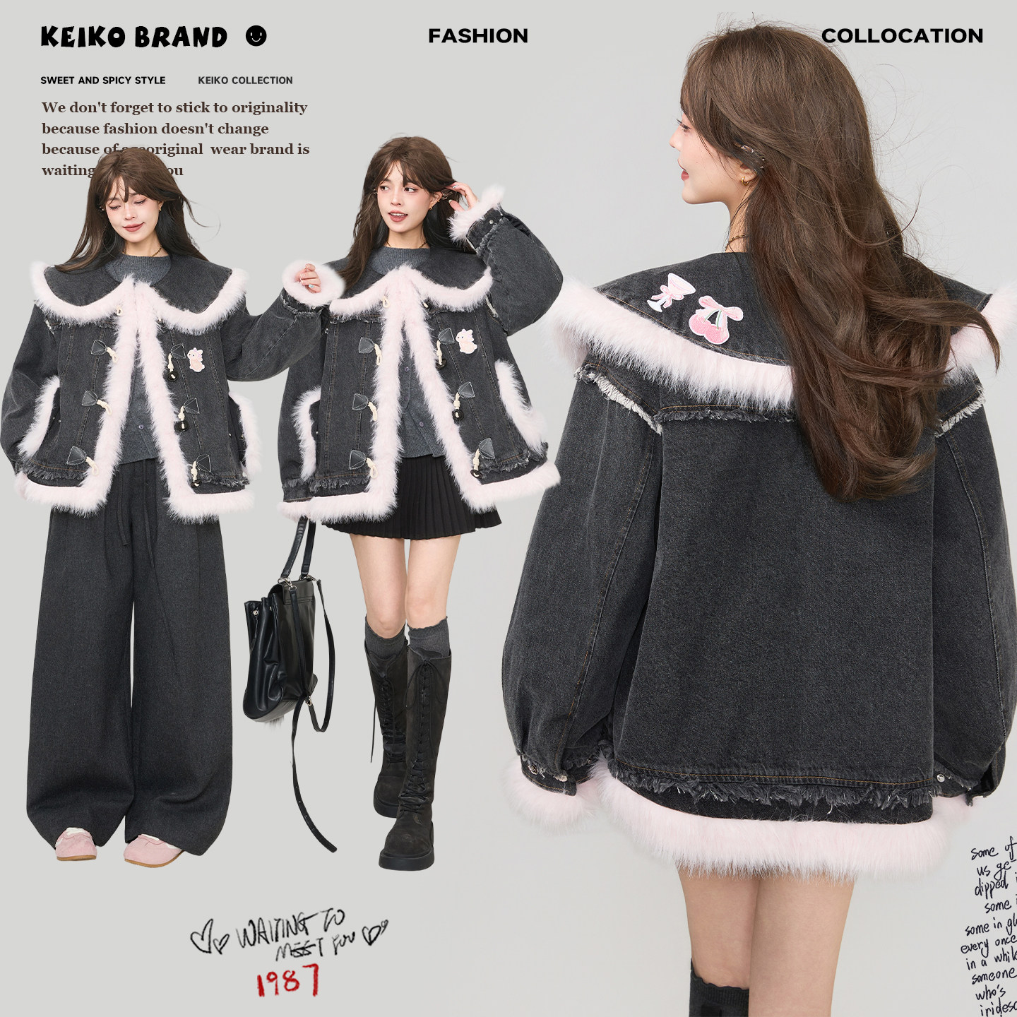 KEIKO [夹棉]柔系美式毛绒拼接牛仔外套冬季复古宽松加厚水洗棉服