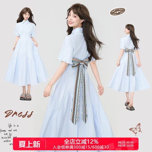 KEIKO滑爽抗皱花案蝴蝶结连衣裙
